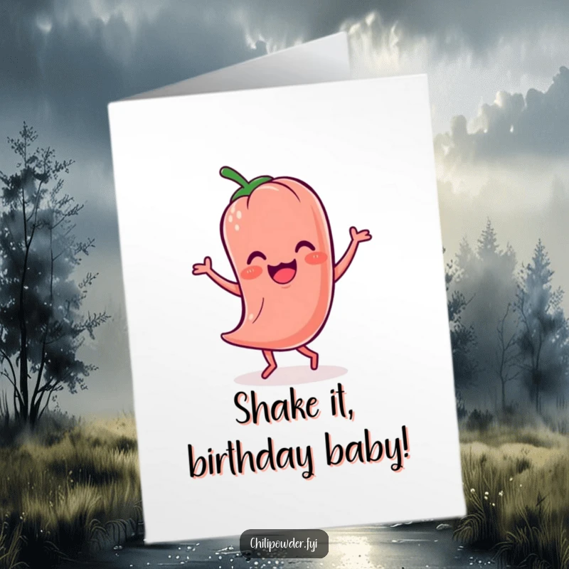 Funny Free Printable Birthday Card: A wobbly Kawaii chili powder character performs a comical, happy little jig with a joyful expression.