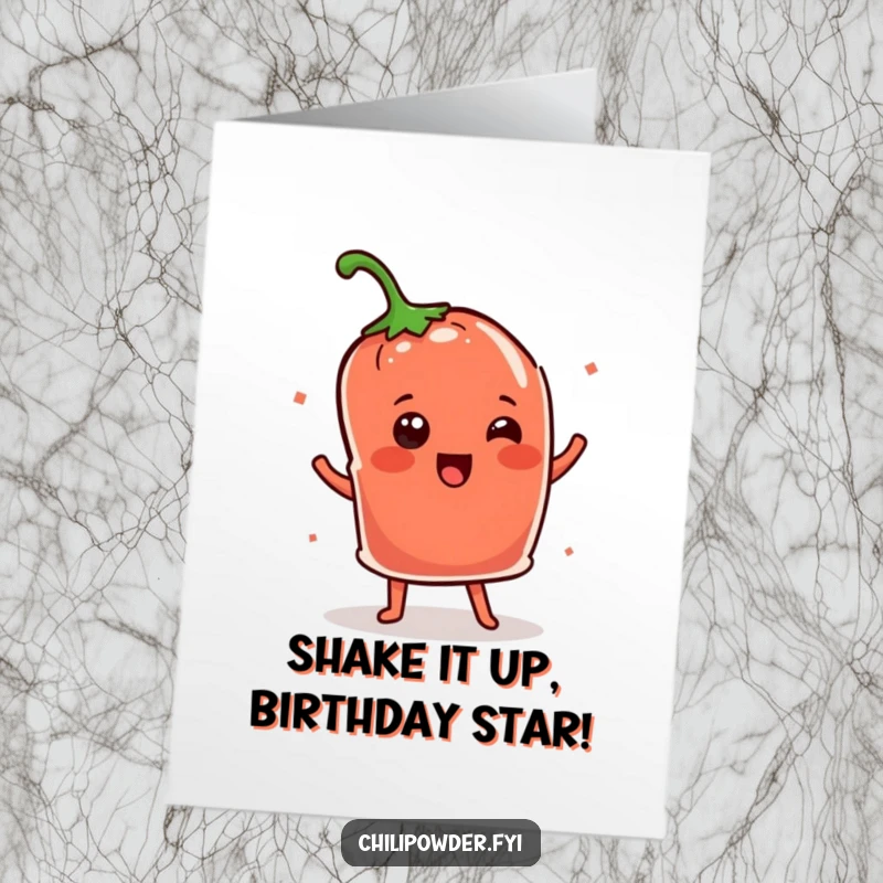 Funny Free Printable Birthday Card: A cheerful Kawaii chili powder pouch doing a fun shimmy dance for a festive birthday greeting.