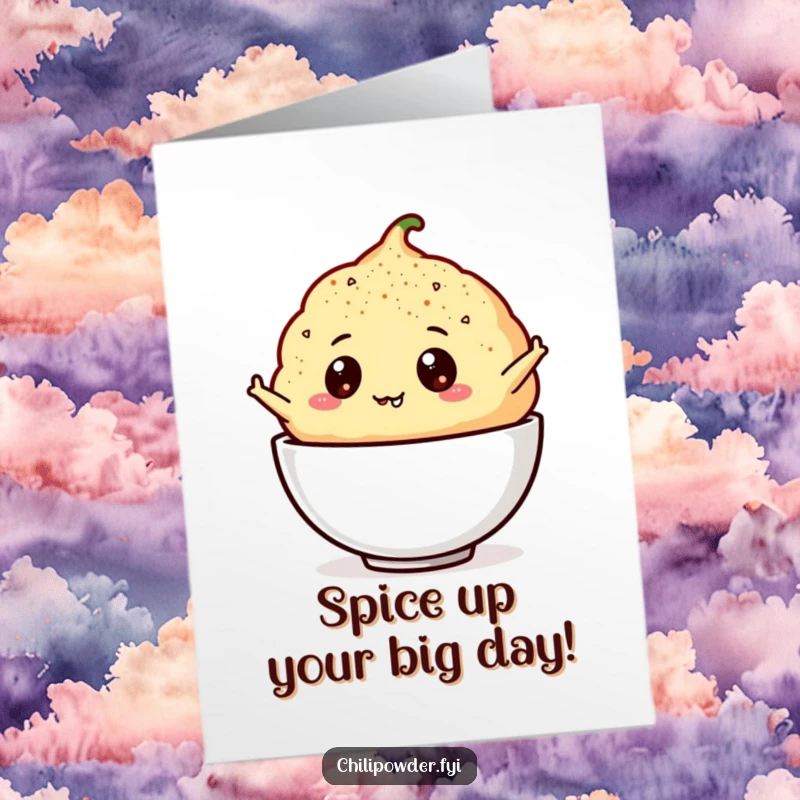 Funny Free Printable Birthday Card: Googly-eyed chili powder puff joyfully leaping into a bowl, perfect for a festive greeting.