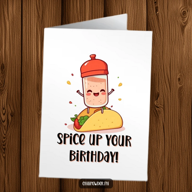 Funny Free Printable Birthday Card: A chili powder shaker with tiny legs happily sprinkling spice onto a taco.