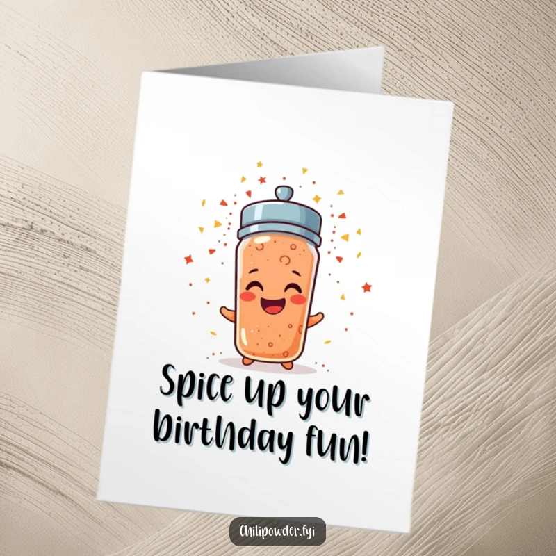 Funny Free Printable Birthday Card: A tiny chili powder shaker with a cheerful grin erupting in a burst of sparkly confetti.