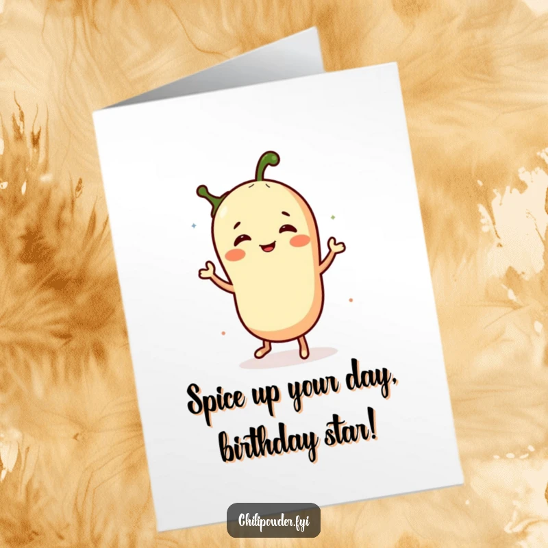 Funny free printable birthday card featuring a chili powder character doing a joyful, comical jig. Perfect for spreading laughter.