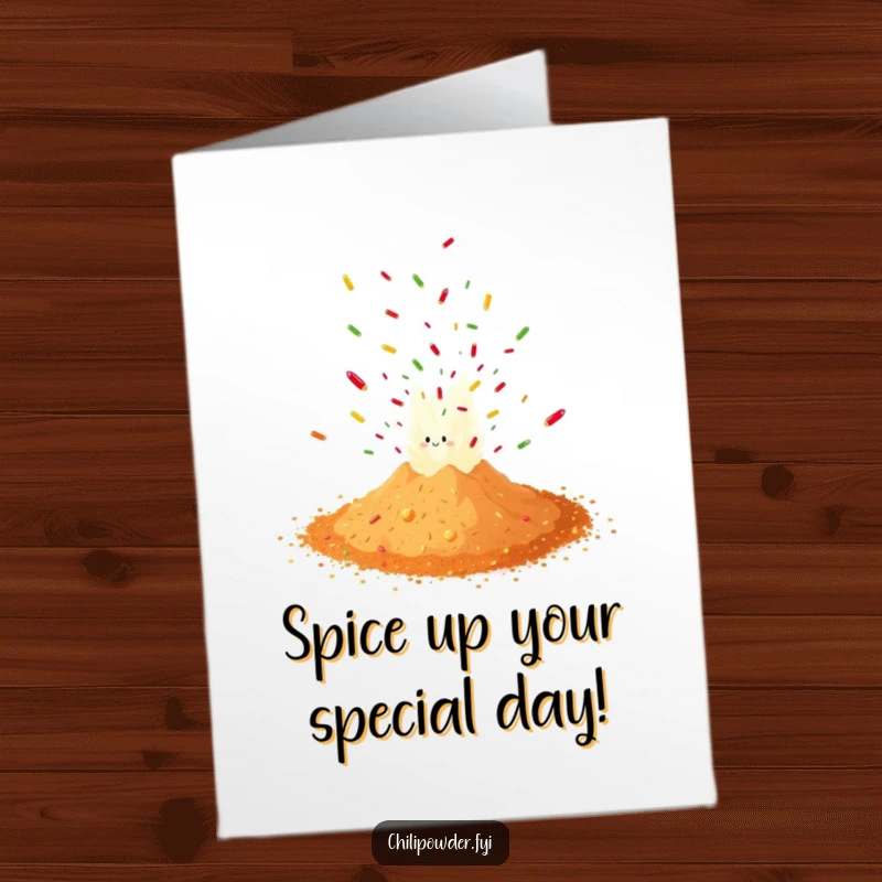 Funny Free Printable Birthday Card featuring a chili powder pile exploding with confetti, ready to party.
