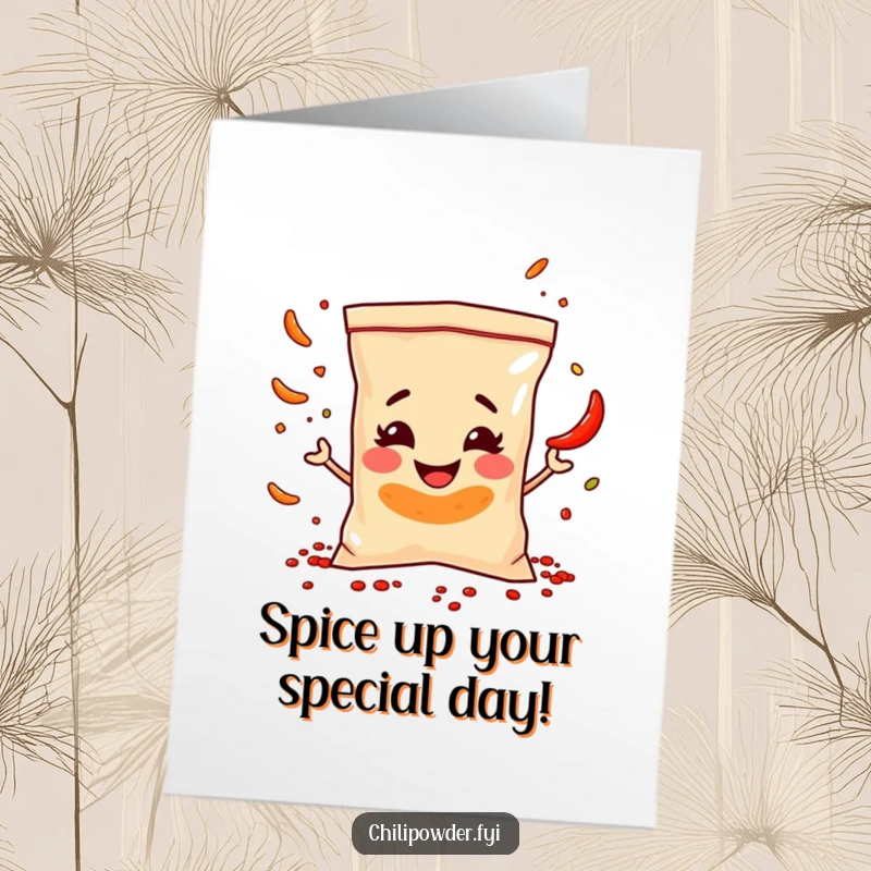Funny Free Printable Birthday Card: Mischievous chili bag juggling spice flakes with a sly grin.