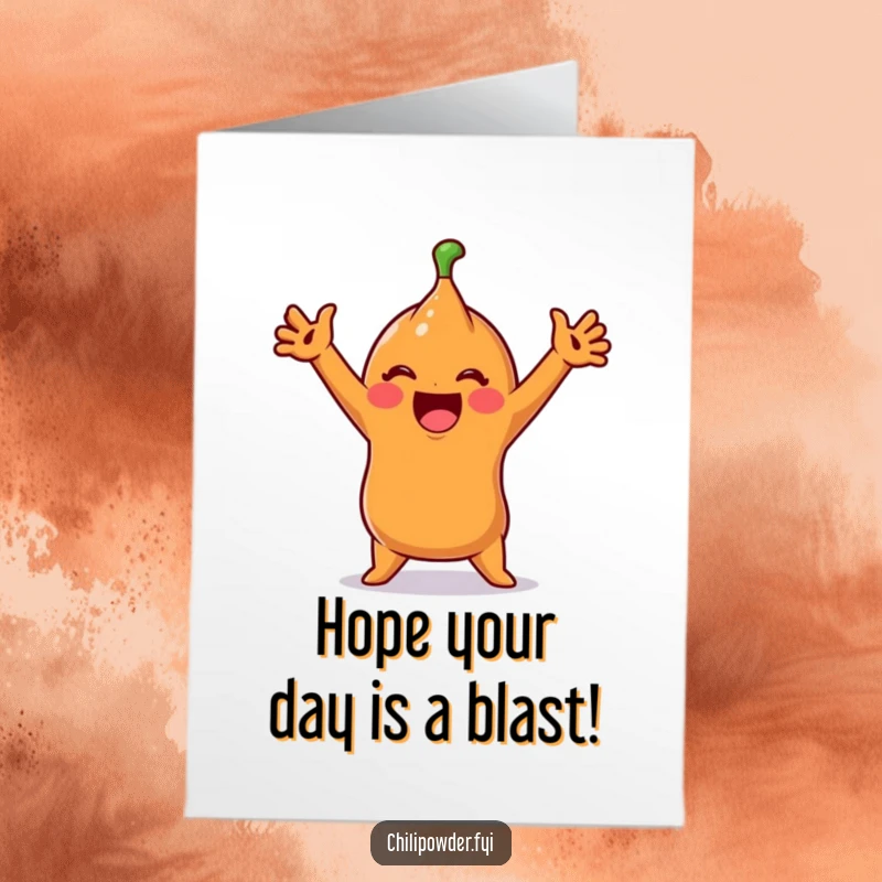 Funny Free Printable Birthday Card: A cute chili character in a silly, exaggerated full-body stretch.