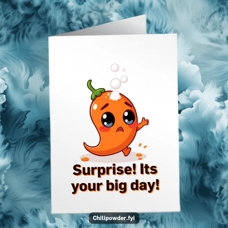 Funny Free Printable Birthday Card: Chili powder character with surprised eyes dodging falling salt, a dramatic downloadable gift.