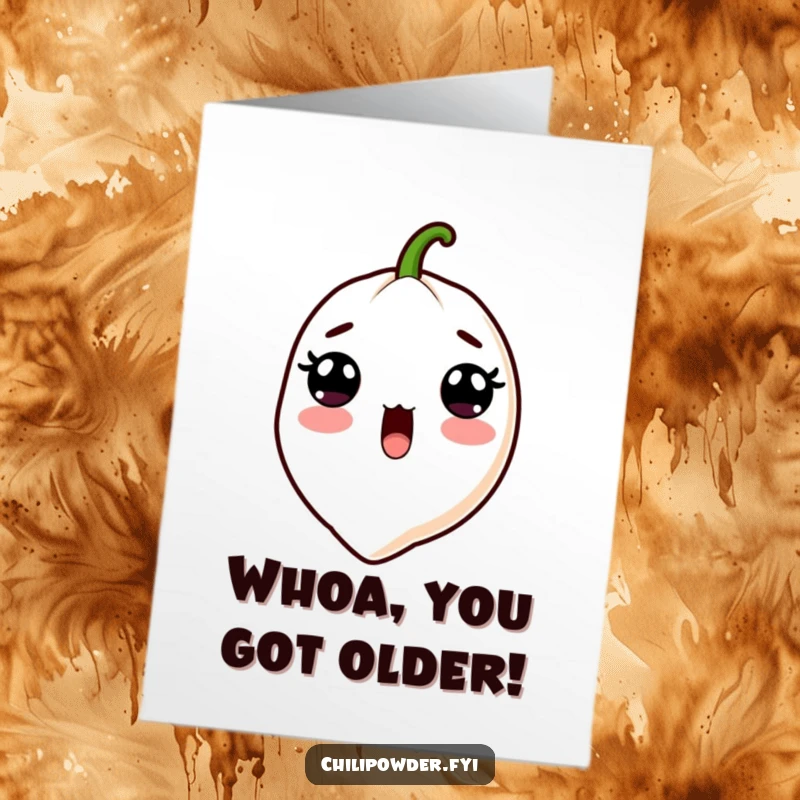 Funny free printable birthday card: Adorable kawaii chili powder with surprised eyes and open mouth, perfect for a humorous birthday shock.