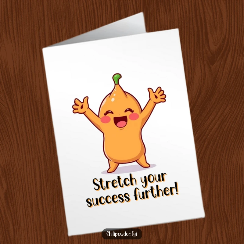 Funny Free Printable Congrats Card: A cute chili character performing an extreme, silly stretch with arms up.