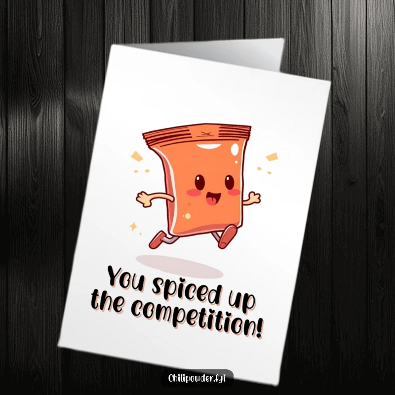 Funny Free Printable Congrats Card: Chili bag running at top speed, trailing sparkles to celebrate success.