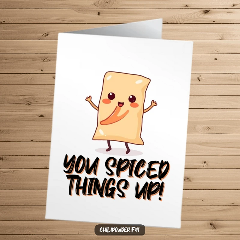 Funny Free Printable Congratulations Card: A kawaii chili powder bag with tiny legs dancing the salsa, celebrating achievement with joy. Festive and amusing.