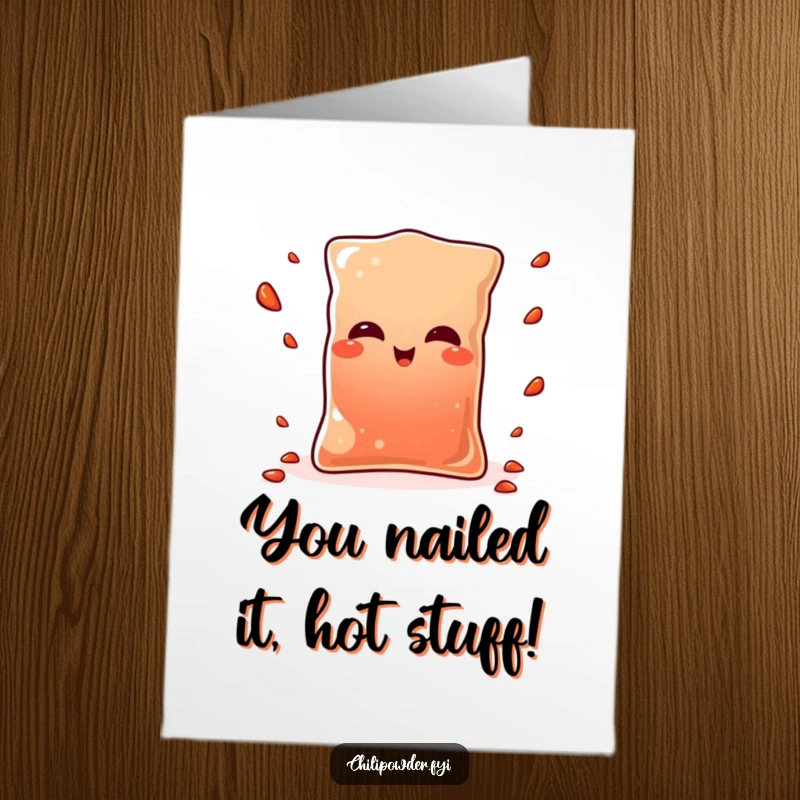 Funny Free Printable Congrats Card: Kawaii chili pouch expertly juggling tiny pepper flakes, celebrating a momentous occasion.