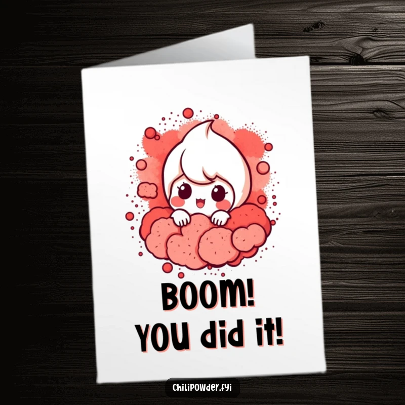 Funny Free Printable Congratulations Card: A chili powder character peeking mischievously from a red powder cloud, celebrating good news.