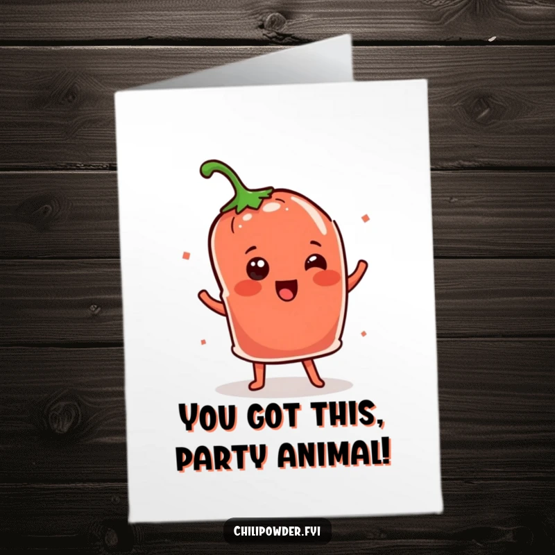 Funny Free Printable Congrats Card: A happy Kawaii chili powder pouch performing a lively shimmy dance to congratulate someone.