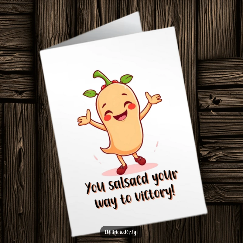 Funny free printable congratulations card showing a chili powder character doing a lively salsa dance to celebrate.