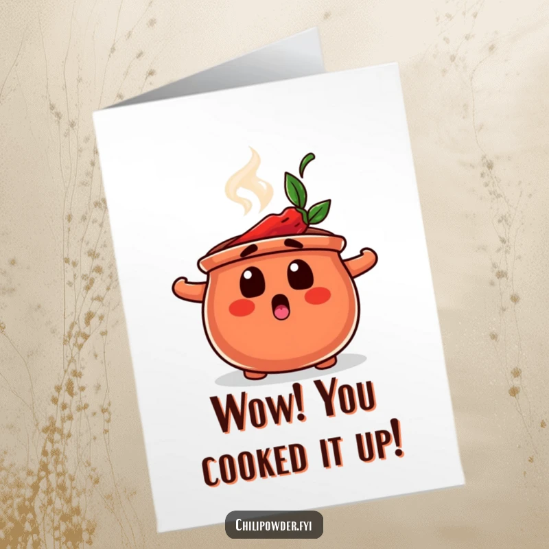 Funny free printable congratulations card: a chili powder pot with a surprised expression and rising steam.