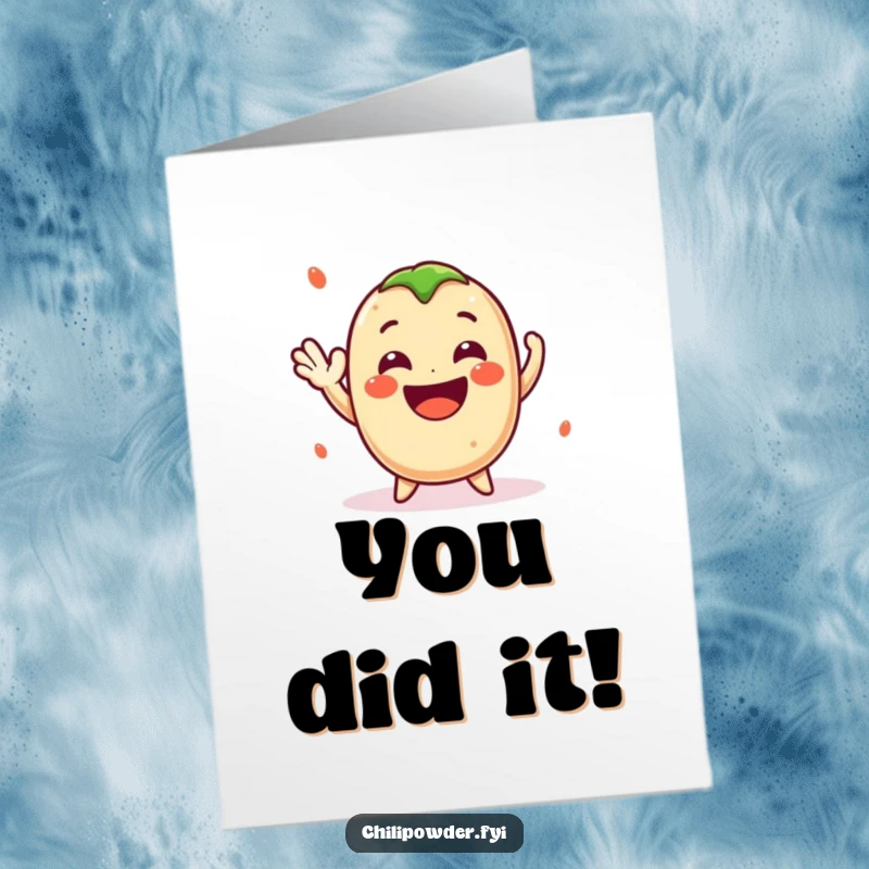 Funny free printable congratulations card: Adorable kawaii chili powder with a cheerful wave and wide smile, perfect for celebrating wins humorously.