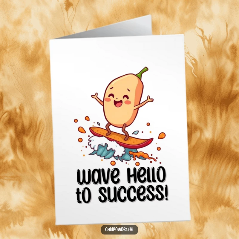 Funny Free Printable Congrats Card: A chili flake with legs gleefully surfing a dynamic wave of spice.