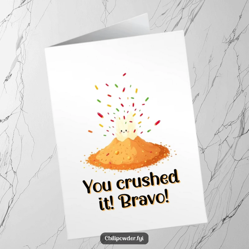 Funny Free Printable Congratulations Card with a chili powder pile erupting in a confetti blast, celebrating success.