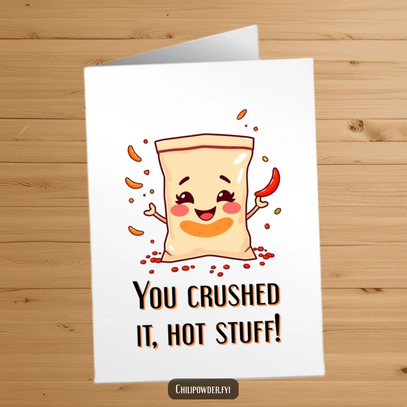 Funny Free Printable Congrats Card: A mischievous chili bag gleefully juggles spice flakes in celebration.