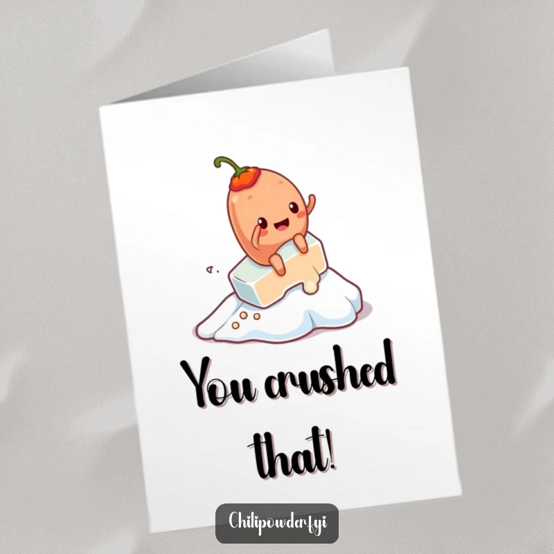 Funny Free Printable Congrats Card: Kawaii chili powder character joyfully rides a melting ice cube down a slope, celebrating success.