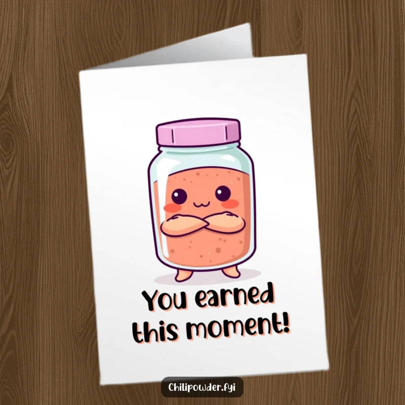 Funny Free Printable Congratulations Card: A kawaii chili powder jar with arms crossed, giving a playfully stern look. Amusing and congratulatory.
