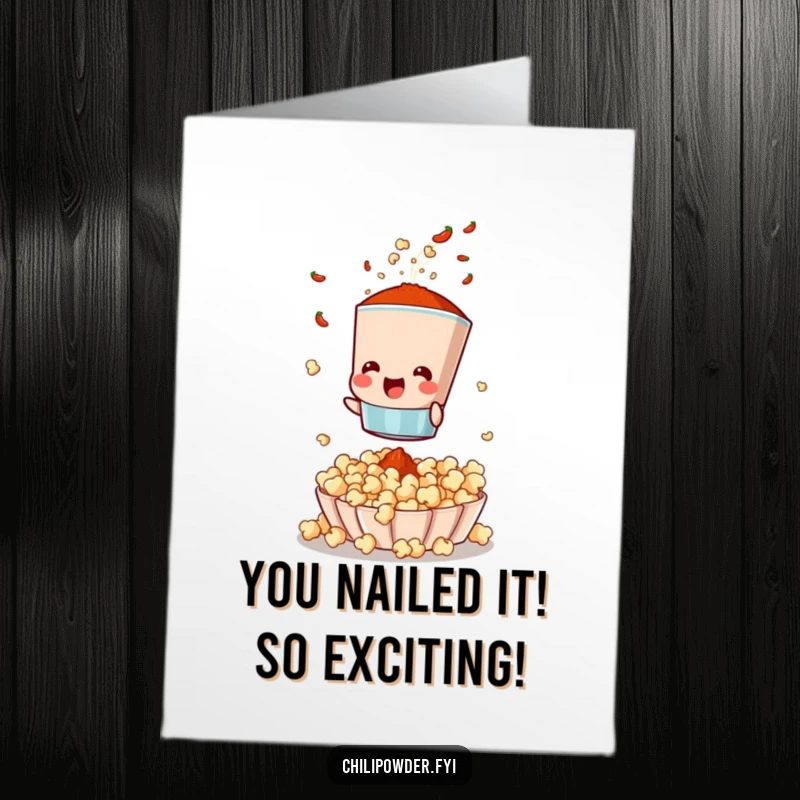 Funny free printable congratulations card: a chili powder sifter joyfully shaking spices onto popcorn.
