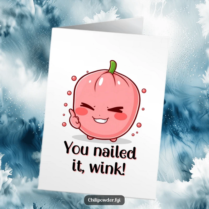 Funny Free Printable Congratulations Card: A chili powder pinch character with a mischievous grin, giving a sly wink, celebrating an achievement.