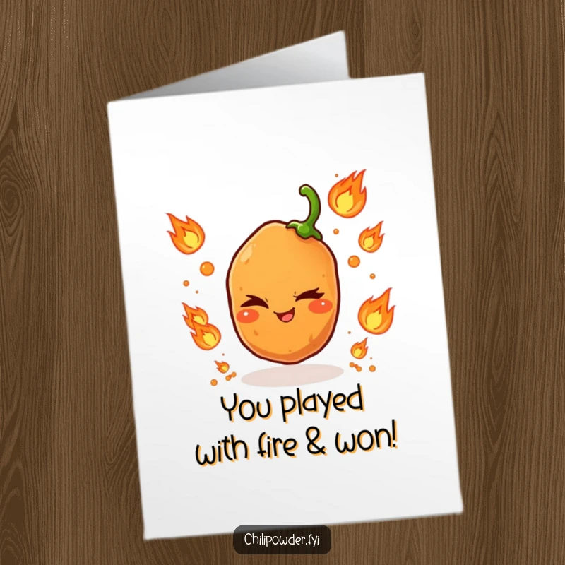 Free printable congratulations card showing a chili powder grain with a wink, juggling tiny flame icons.