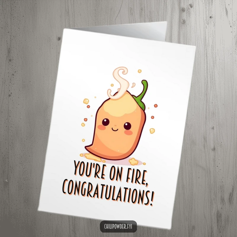 Funny Free Printable Congratulations Card showing a kawaii chili powder shaker with playful steam swirling. Celebrating a 'hot' achievement with excitement.
