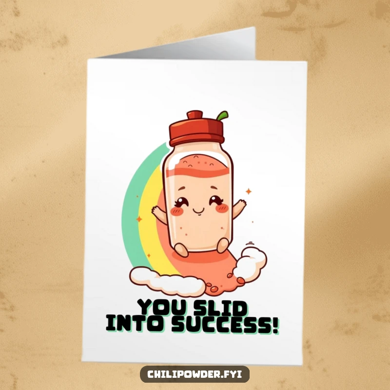 Free printable congratulations card showing a chili powder shaker smirking while sliding down a vibrant rainbow.