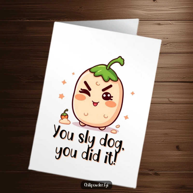 Funny Free Printable Congratulations Card with a kawaii chili powder shaker winking with a mischievous grin. Perfect for acknowledging clever achievements.