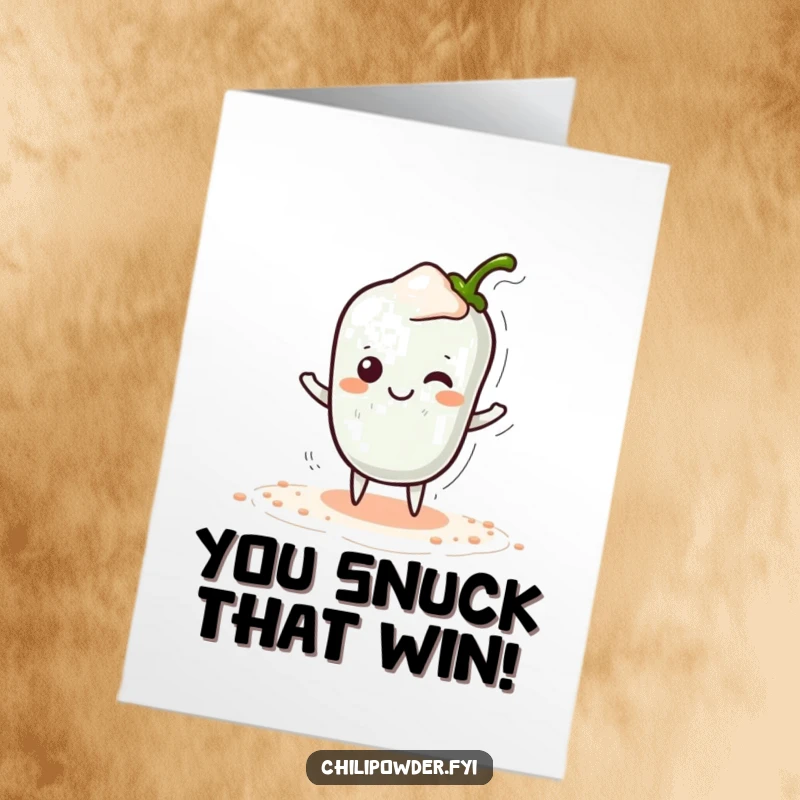 Funny free printable congratulations card: Adorable kawaii chili powder doing a silly tiptoe with a hidden smile, perfect for subtle celebrations.
