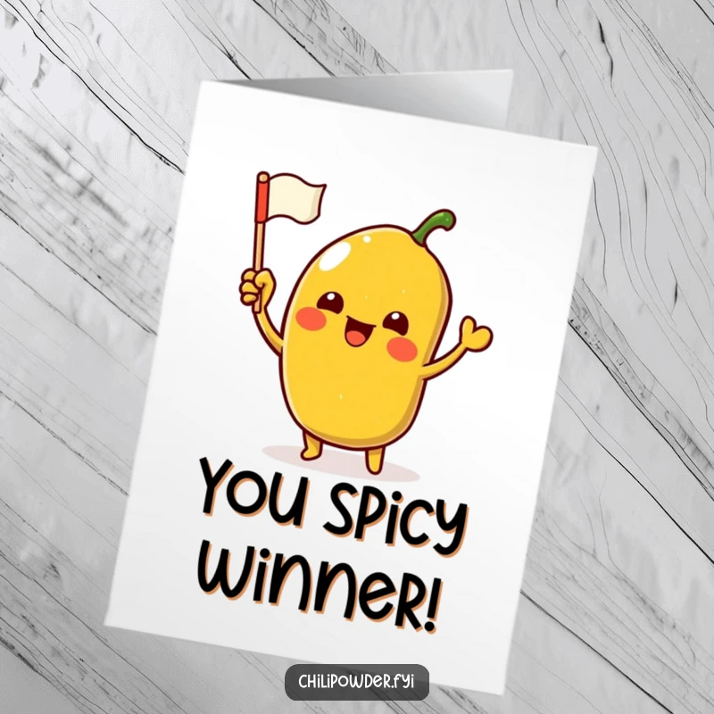 Funny Free Printable Congratulations Card: Kawaii chili powder character enthusiastically waving a small flag in celebration.