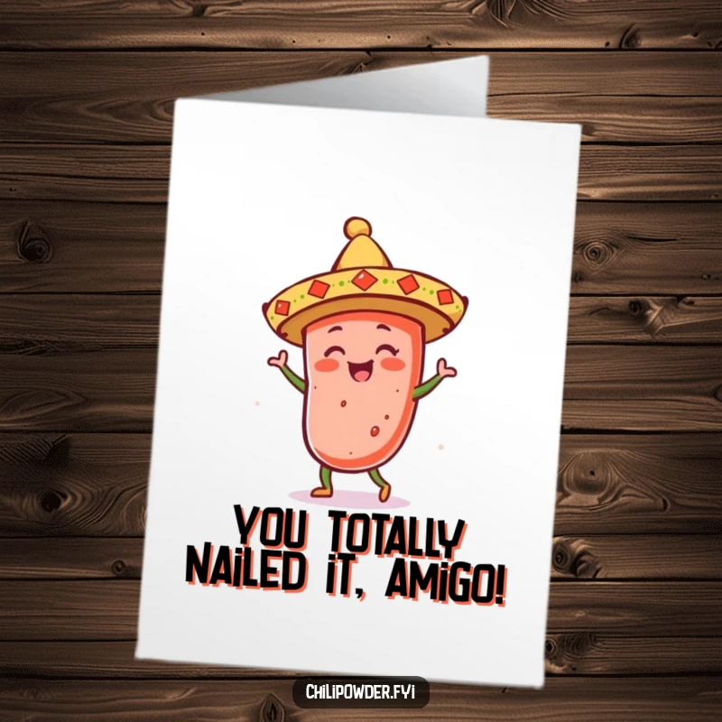 Funny Free Printable Congratulations Card showing a kawaii chili powder shaker in a sombrero, dancing merrily to celebrate an achievement. Festive and colorful.