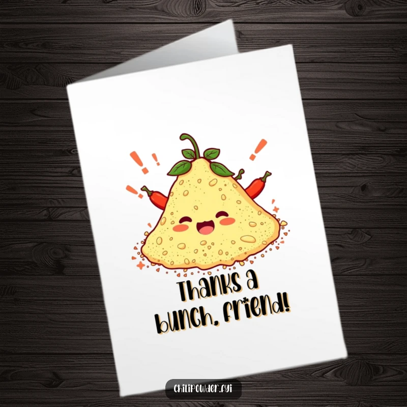 Funny free printable thank you card: a pile of chili powder cheering with tiny exclamation marks. Energetic thanks.