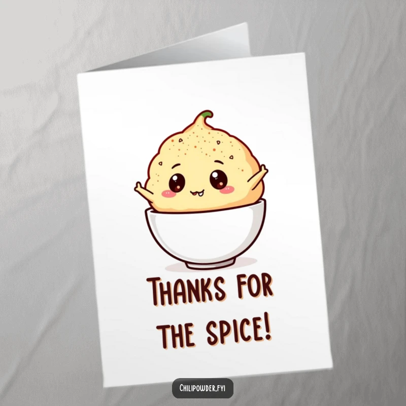 Funny Free Printable Thank You Card: Googly-eyed chili powder puff mid-leap into a bowl, conveying thanks with energy.