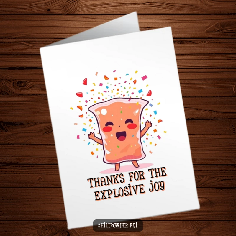 Funny Free Printable Thank You Card: A chili powder bag character bursting with colorful confetti, radiating pure fun.
