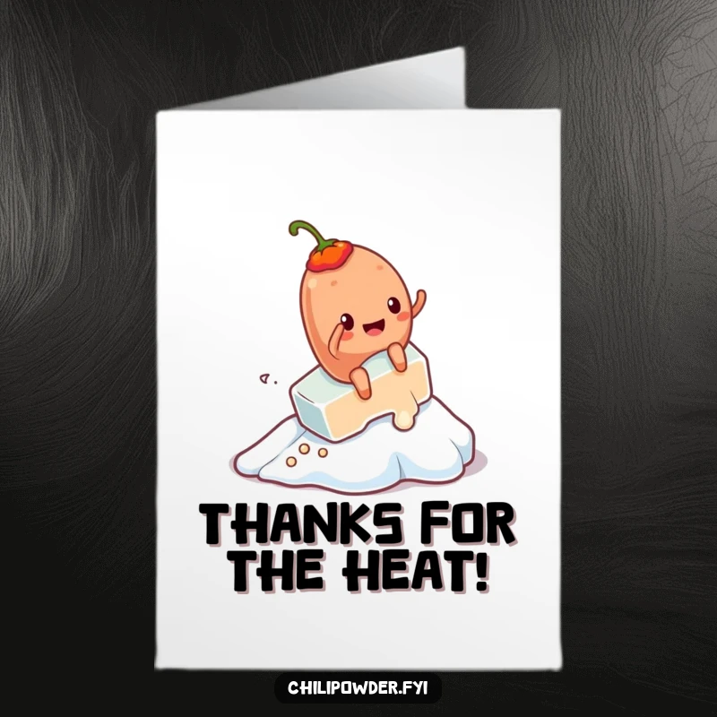 Funny Free Printable Thank You Card: Kawaii chili powder character slides down a melting ice cube, sending thanks in a comical way.