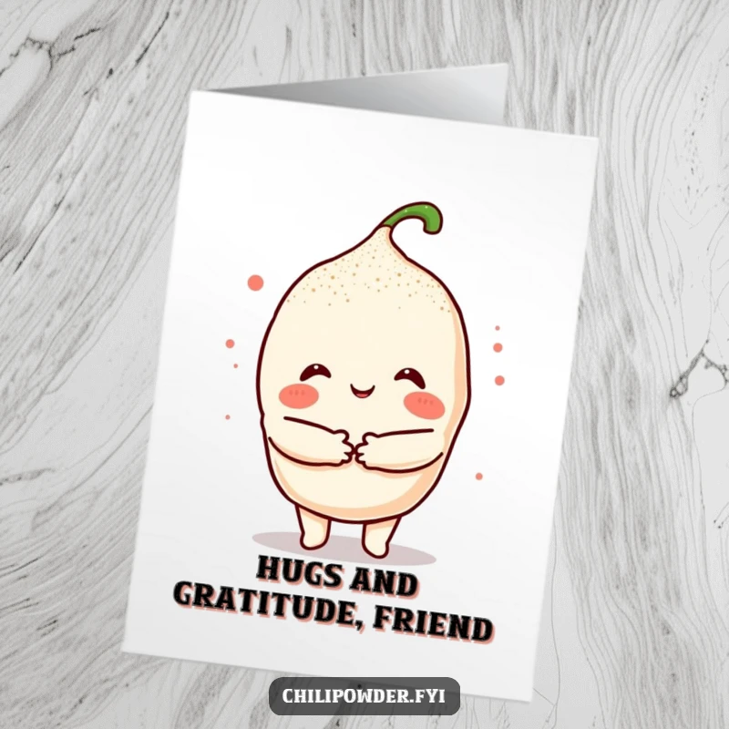 Free Printable Thank You Card: Kawaii chili powder character extending a warm, powdered hug to say thank you.