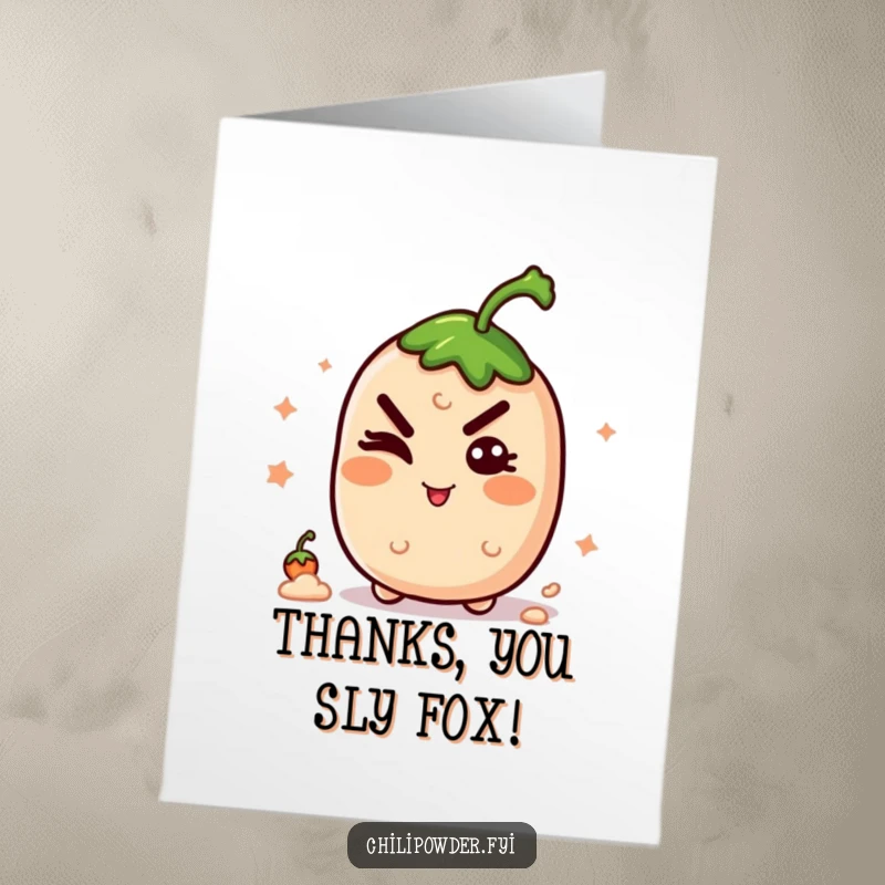 Funny Free Printable Thank You Card of a kawaii chili powder shaker winking with a mischievous smile. A playful and sly thank you.