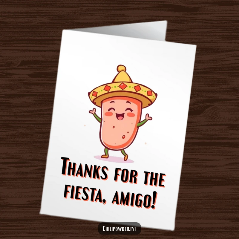 Funny Free Printable Thank You Card of a kawaii chili powder shaker in a sombrero, dancing merrily. A festive and cheerful thank you.