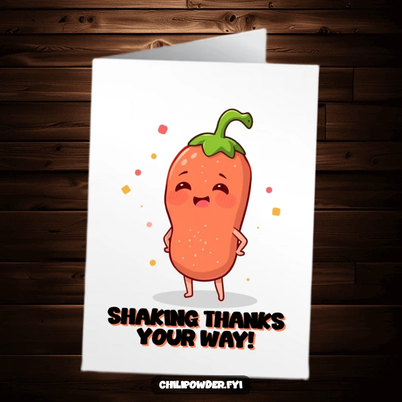 Funny free printable thank you card: a chili powder sprinkle joyfully wiggling its hips. Playful gratitude.