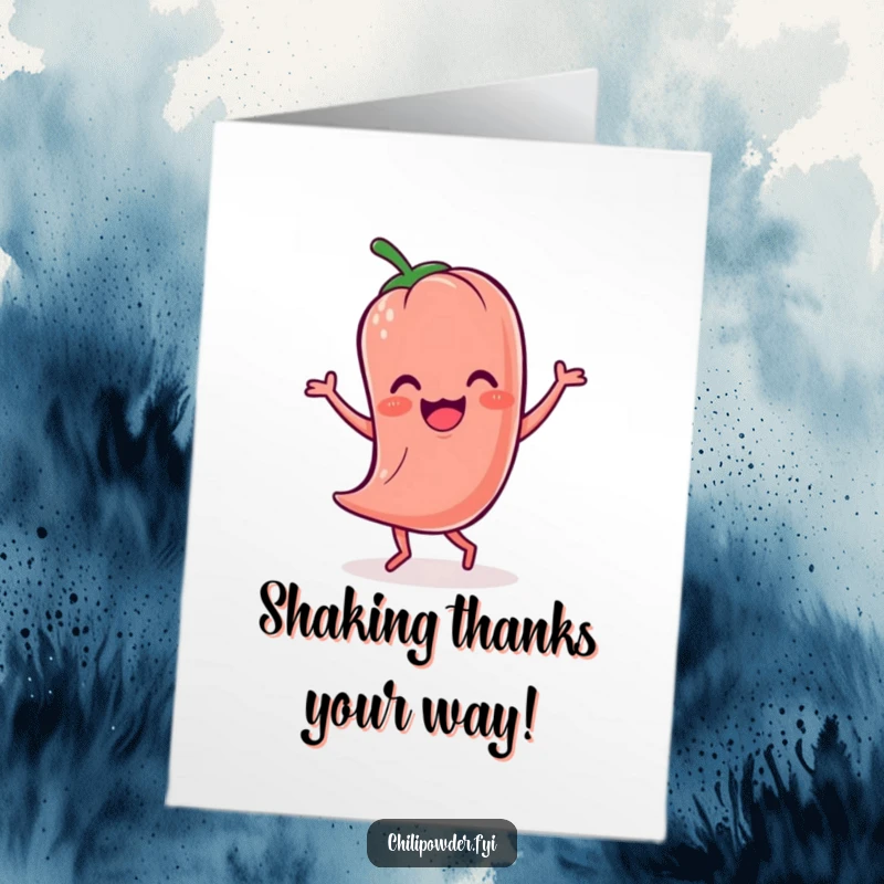 Funny Free Printable Thank You Card: Wobbly Kawaii chili powder character performs a silly, joyful jig to express gratitude.
