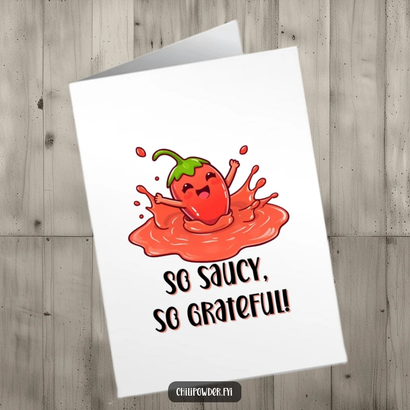 Funny Free Printable Thank You Card: A kawaii chili powder character joyfully splashes in a puddle of red sauce.
