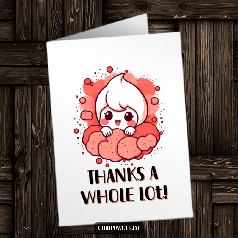 Funny Free Printable Thank You Card: A chili powder character peeking from a red powder cloud, offering thanks with a playful surprise.