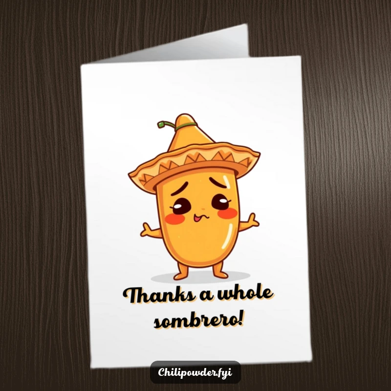 Funny Free Printable Thank You Card: A kawaii chili powder character wearing a sombrero shrugs with a smile.