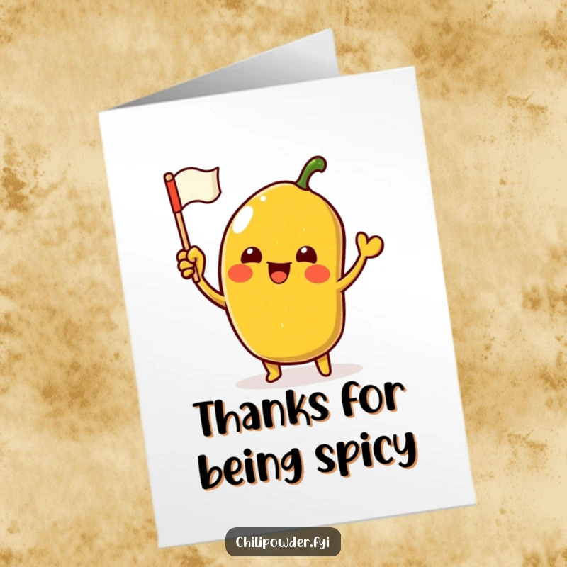 Funny Free Printable Thank You Card: A cheerful kawaii chili powder character waving a miniature flag enthusiastically.
