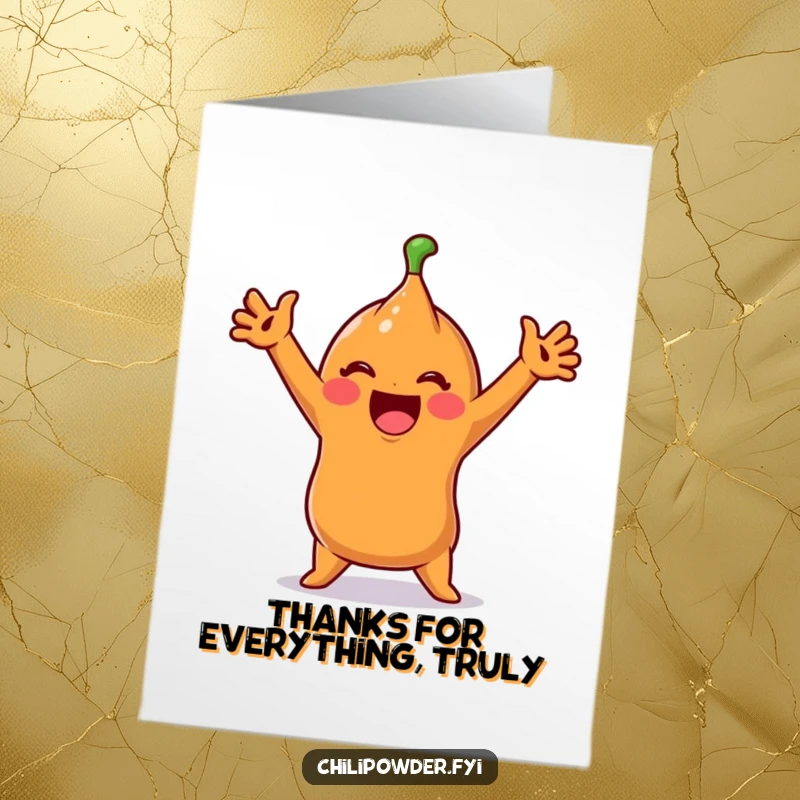 Funny Free Printable Thank You Card: A cute chili character doing an exaggerated, happy full-body stretch.