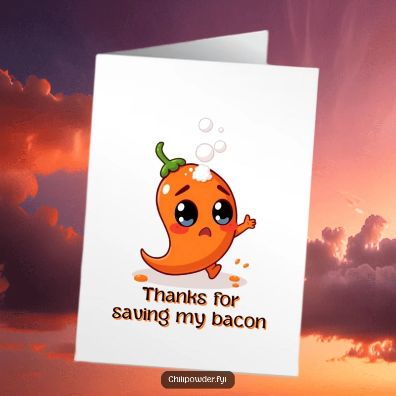 Funny Free Printable Thank You Card: Chili powder character with wide, surprised eyes dodging a falling salt shaker, a humorous downloadable thank you.