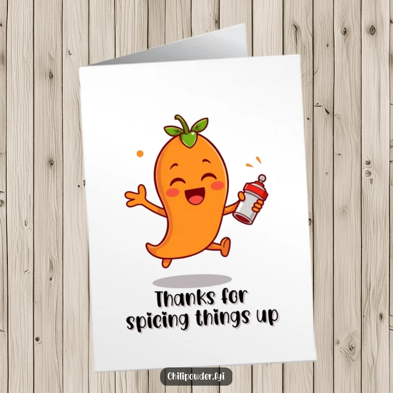 Funny Free Printable Thank You Card: A chili powder character leaps with excitement, shaking a spice shaker.